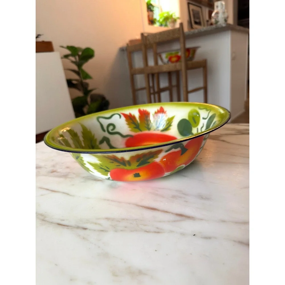Vintage Mid Century Enamelware Fruit Wash Bowl Farmhouse Basin 15.75